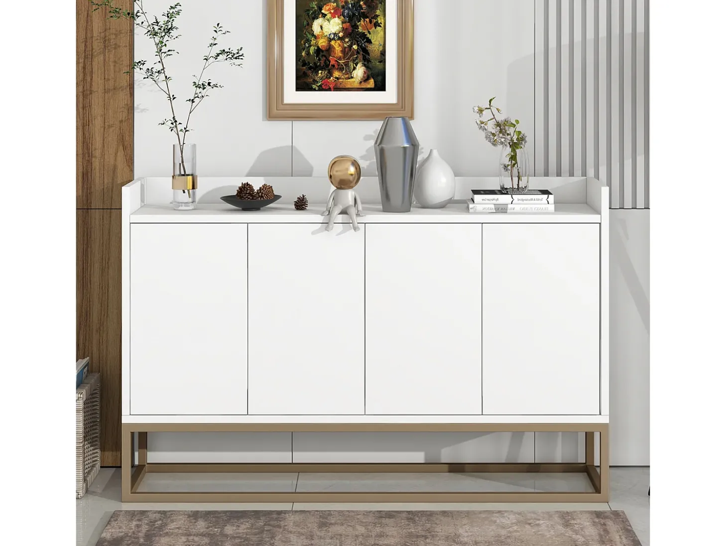 Aparador moderno 120x30x80 cm – Estilo minimalista, 4 portas, ideal para sala de jantar, sala de estar, cozinha – Branco
