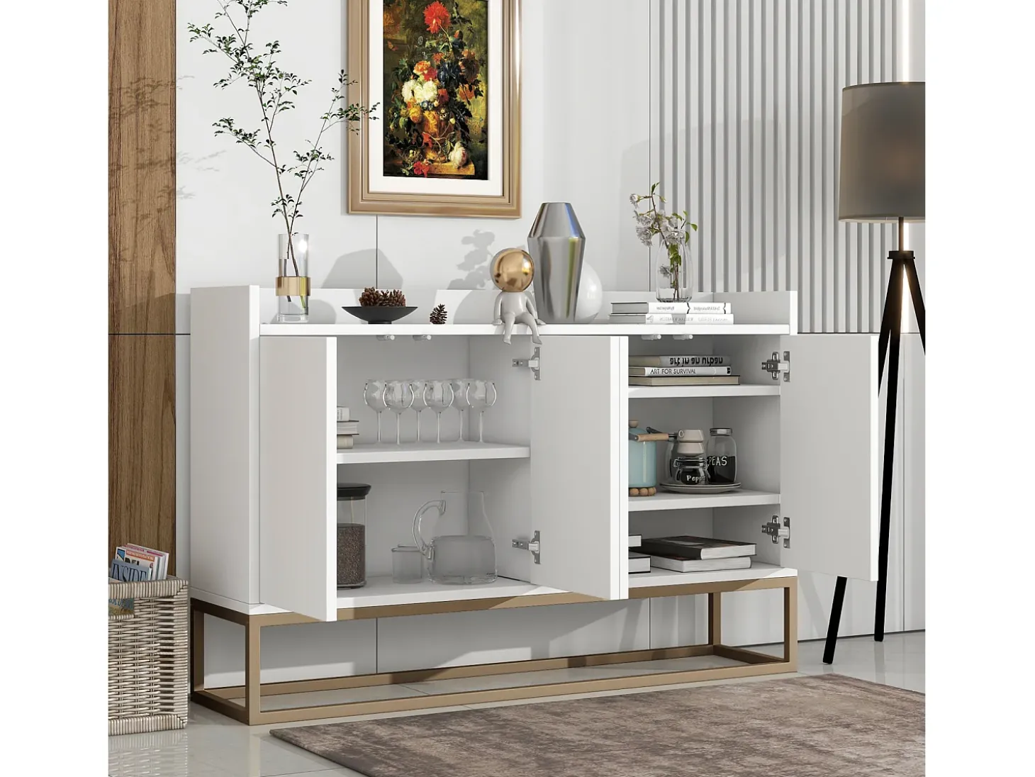 Aparador moderno 120x30x80 cm – Estilo minimalista, 4 portas, ideal para sala de jantar, sala de estar, cozinha – Branco