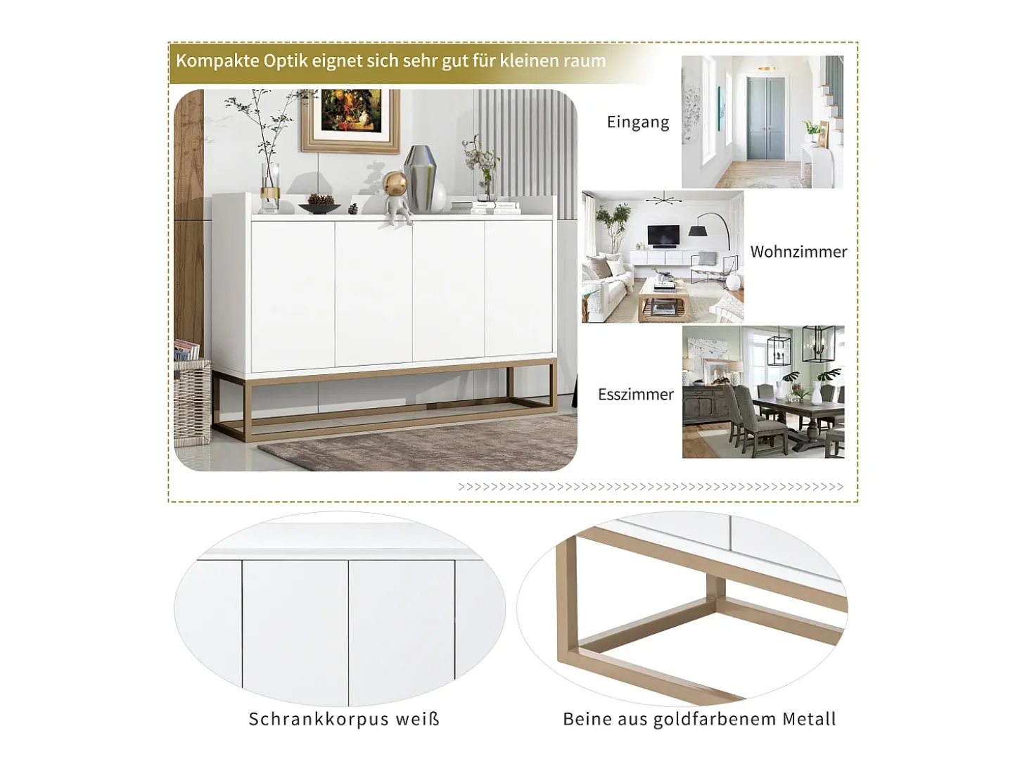 Aparador moderno 120x30x80 cm – Estilo minimalista, 4 portas, ideal para sala de jantar, sala de estar, cozinha – Branco