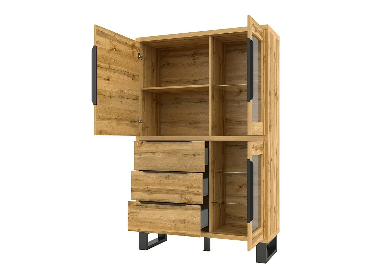 Aparador na cor carvalho da coleção MILO. Acabamento em preto. Móvel ideal para a sua sala de jantar.