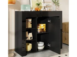 Aparador preto com 1 porta e 4 prateleiras em vidro, aglomerado 95x35x83 cm