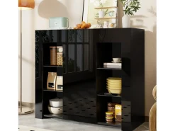 Aparador preto com 1 porta e 4 prateleiras em vidro, aglomerado 95x35x83 cm