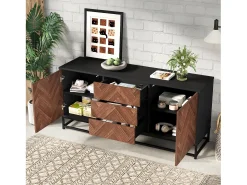 Aparador 145x40x67 cm - 3 gavetas e 2 portas - com prateleiras ajustáveis - Natural + Preto