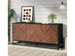 Aparador 145x40x67 cm - 3 gavetas e 2 portas - com prateleiras ajustáveis - Natural + Preto