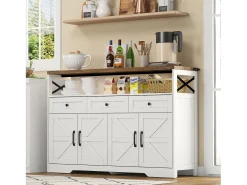 Aparador 140x35x95cm com 3 gavetas, 4 portas e 1 nicho, tampo em madeira castanha, corpo branco