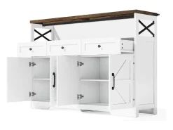 Aparador 140x35x95cm com 3 gavetas, 4 portas e 1 nicho, tampo em madeira castanha, corpo branco