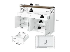 Aparador 140x35x95cm com 3 gavetas, 4 portas e 1 nicho, tampo em madeira castanha, corpo branco