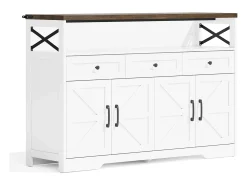 Aparador 140x35x95cm com 3 gavetas, 4 portas e 1 nicho, tampo em madeira castanha, corpo branco