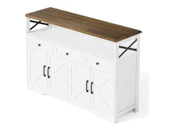 Aparador 140x35x95cm com 3 gavetas, 4 portas e 1 nicho, tampo em madeira castanha, corpo branco