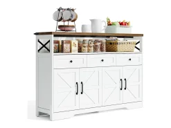 Aparador 140x35x95cm com 3 gavetas, 4 portas e 1 nicho, tampo em madeira castanha, corpo branco