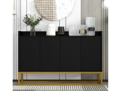 Aparador 120x30x80cm com 4 portas sem puxadores, pés de metal dourado, corpo preto