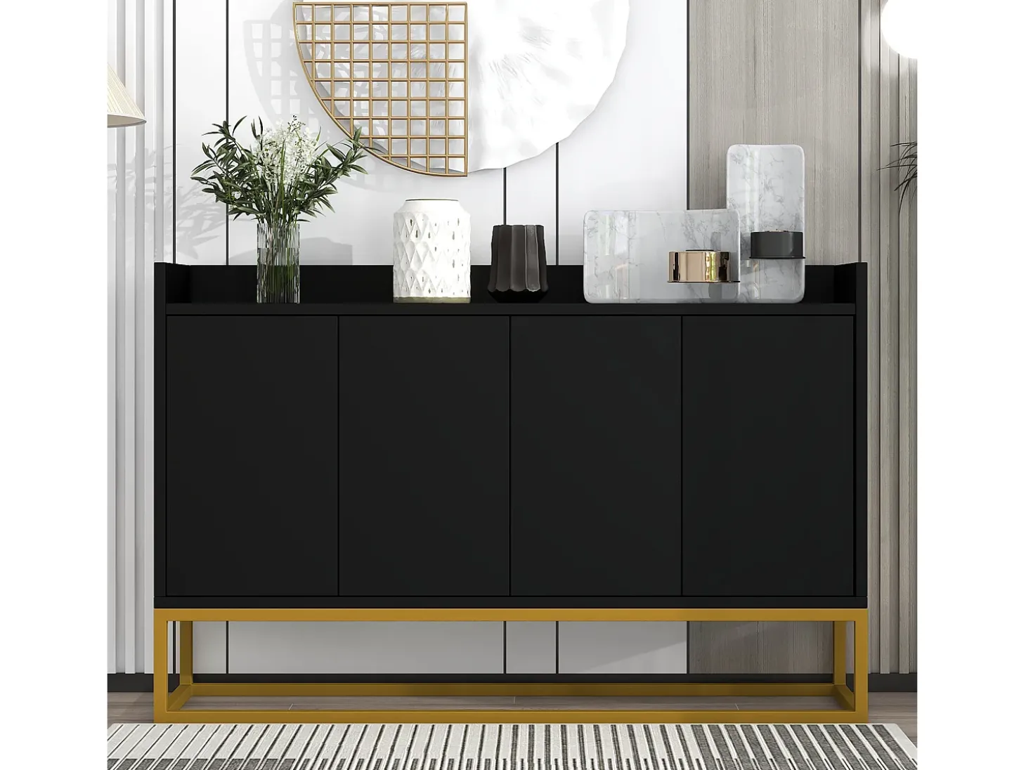 Aparador 120x30x80cm com 4 portas sem puxadores, pés de metal dourado, corpo preto