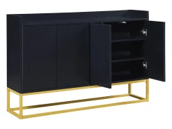Aparador 120x30x80cm com 4 portas sem puxadores, pés de metal dourado, corpo preto