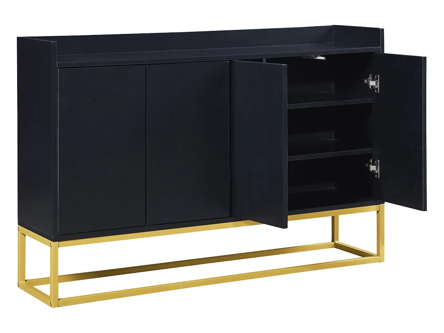 Aparador 120x30x80cm com 4 portas sem puxadores, pés de metal dourado, corpo preto
