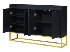 Aparador 120x30x80cm com 4 portas sem puxadores, pés de metal dourado, corpo preto