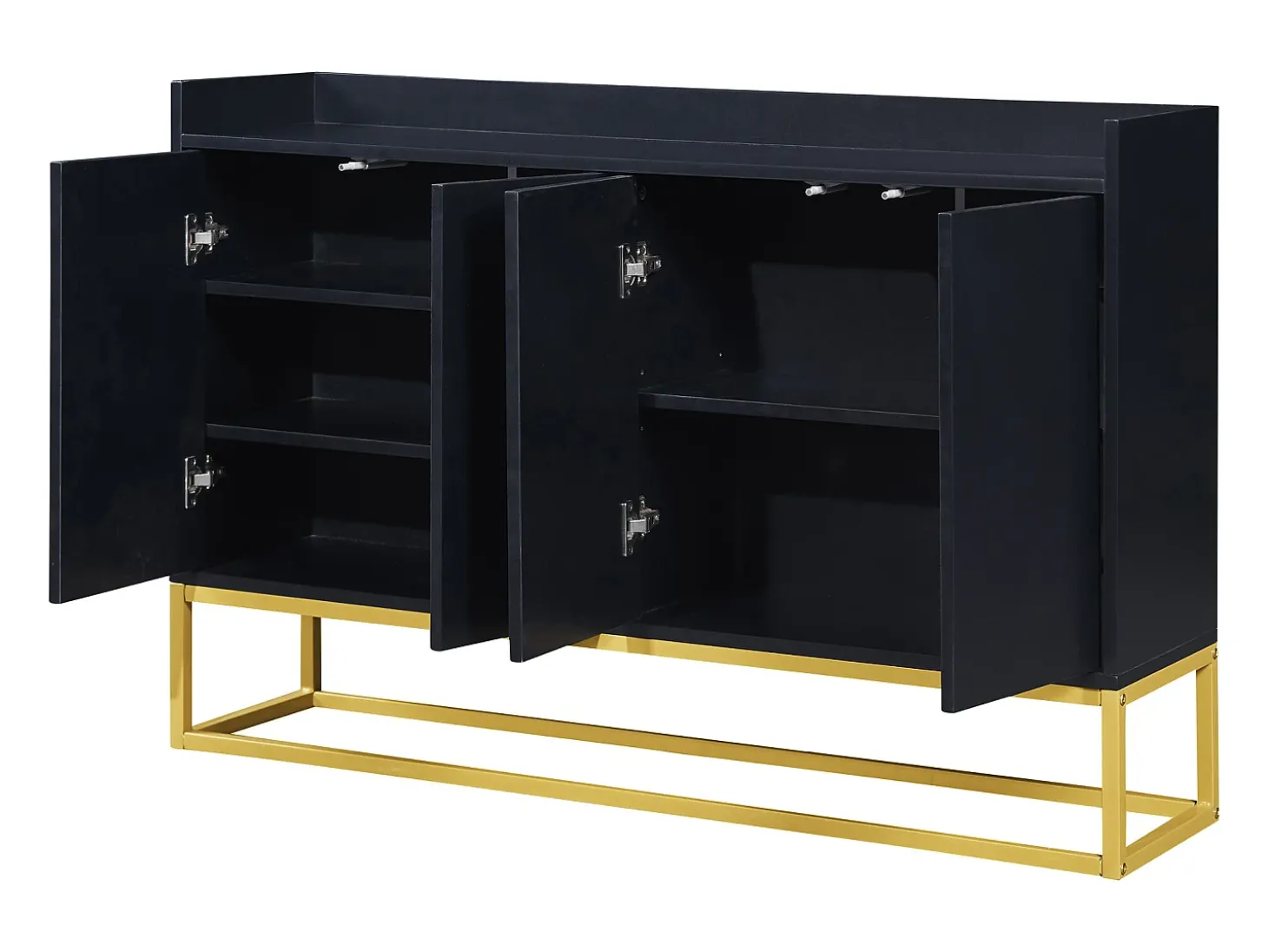 Aparador 120x30x80cm com 4 portas sem puxadores, pés de metal dourado, corpo preto