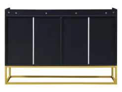 Aparador 120x30x80cm com 4 portas sem puxadores, pés de metal dourado, corpo preto