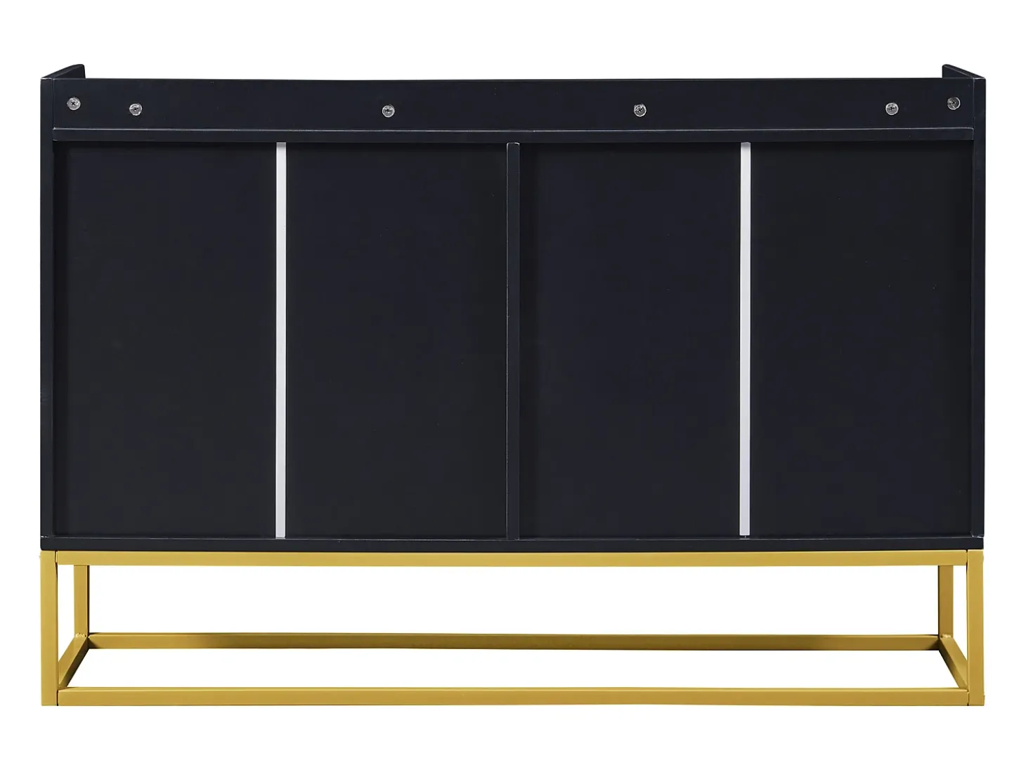 Aparador 120x30x80cm com 4 portas sem puxadores, pés de metal dourado, corpo preto