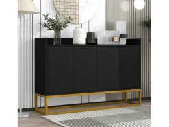 Aparador 120x30x80cm com 4 portas sem puxadores, pés de metal dourado, corpo preto