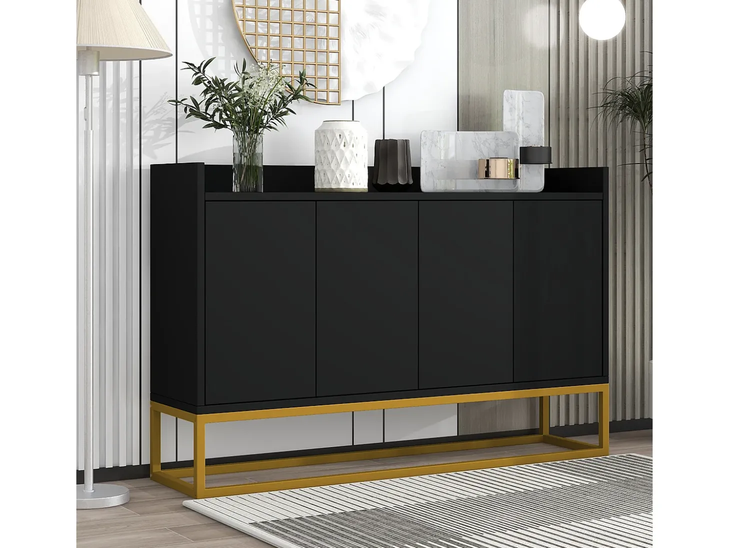 Aparador 120x30x80cm com 4 portas sem puxadores, pés de metal dourado, corpo preto