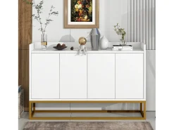 Aparador 120x30x80cm com 4 portas sem puxadores, pés em metal dourado, corpo branco