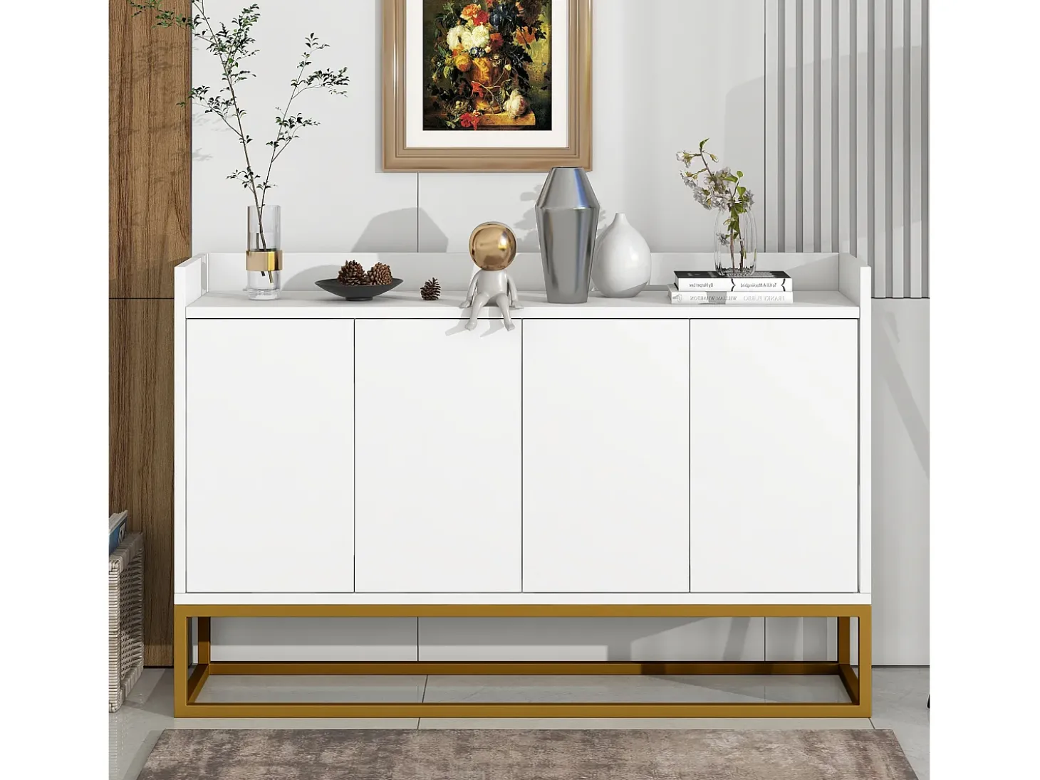 Aparador 120x30x80cm com 4 portas sem puxadores, pés em metal dourado, corpo branco