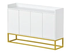 Aparador 120x30x80cm com 4 portas sem puxadores, pés em metal dourado, corpo branco
