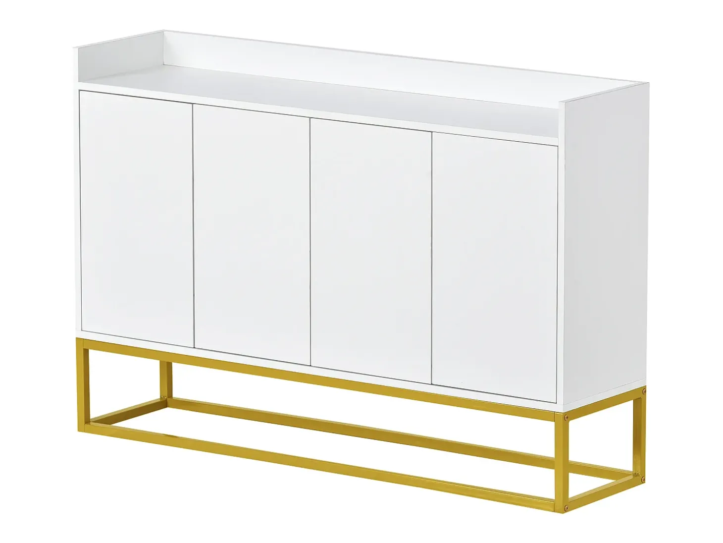 Aparador 120x30x80cm com 4 portas sem puxadores, pés em metal dourado, corpo branco