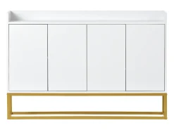 Aparador 120x30x80cm com 4 portas sem puxadores, pés em metal dourado, corpo branco