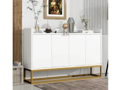 Aparador 120x30x80cm com 4 portas sem puxadores, pés em metal dourado, corpo branco