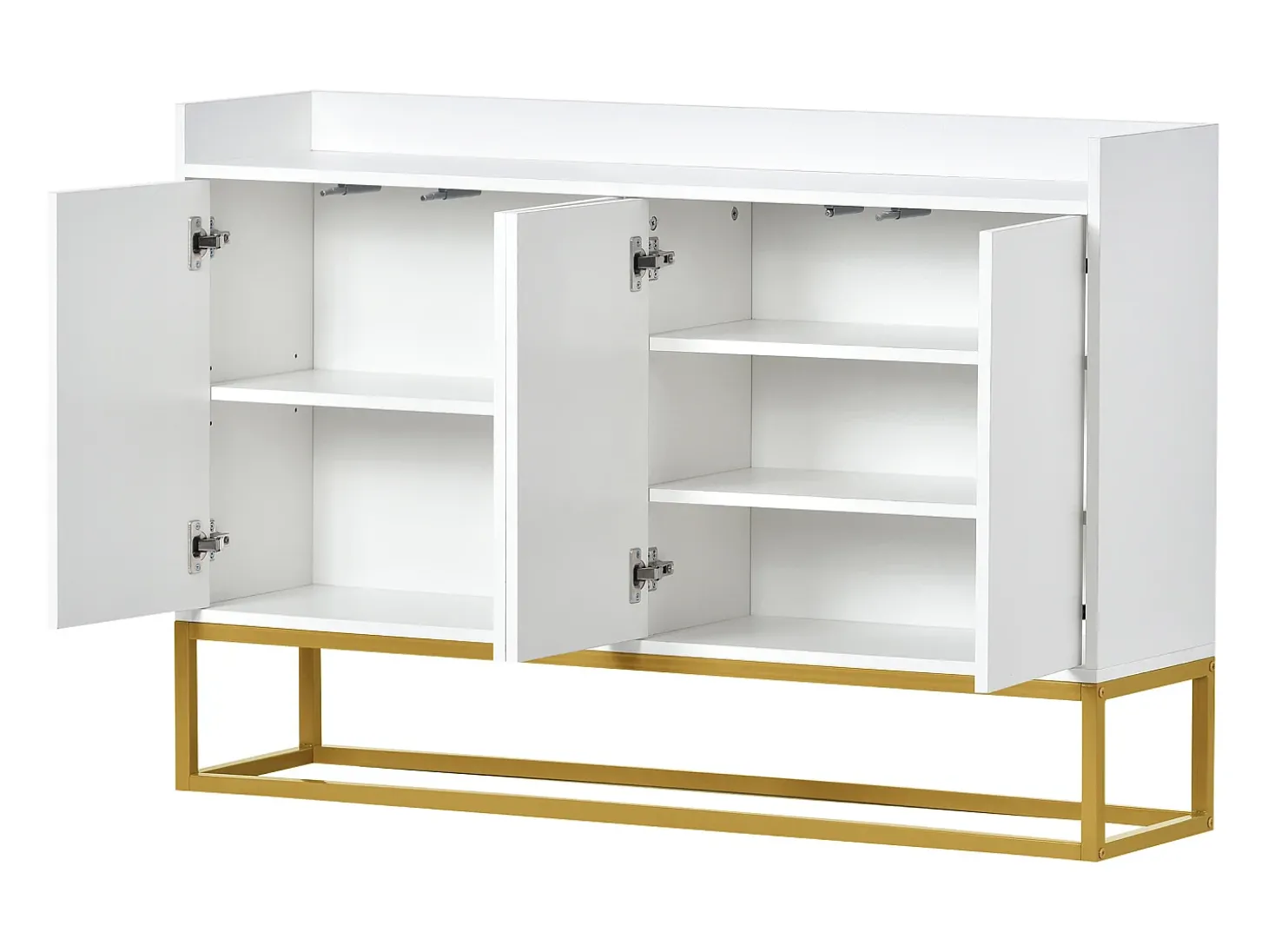 Aparador 120x30x80cm com 4 portas sem puxadores, pés em metal dourado, corpo branco