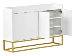 Aparador 120x30x80cm com 4 portas sem puxadores, pés em metal dourado, corpo branco