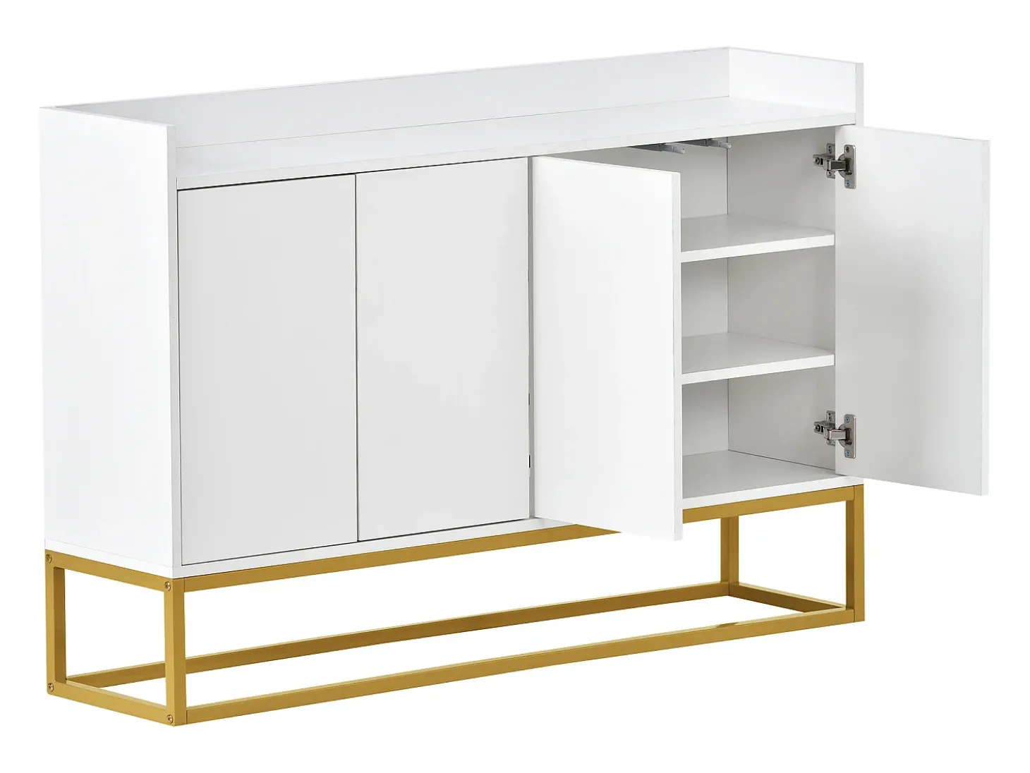 Aparador 120x30x80cm com 4 portas sem puxadores, pés em metal dourado, corpo branco
