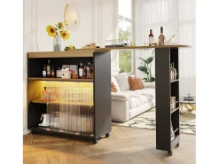 Aparador、Armário bar giratório e retrátil com LED - compartimentos e suporte para temperos - Preto