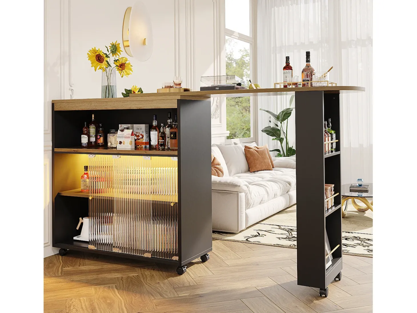Aparador、Armário bar giratório e retrátil com LED - compartimentos e suporte para temperos - Preto