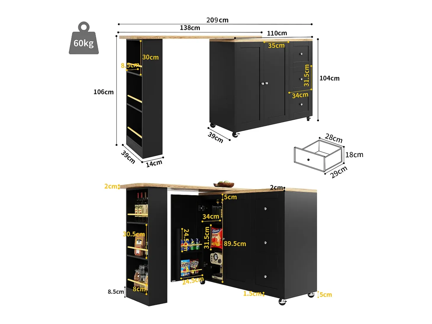 Aparador、Móvel bar giratório - MDF - 3 gavetas e 2 portas - Preto