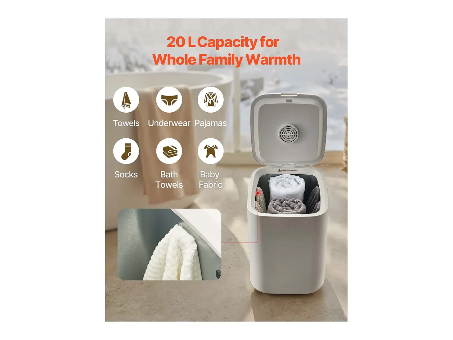 Aquecedor de Toalhas 20 L SucceBuy, Balde Secador de Toalhas para Banheiro, com Tela LED, Regulação de Temperatura, Timer e Trava de Segurança