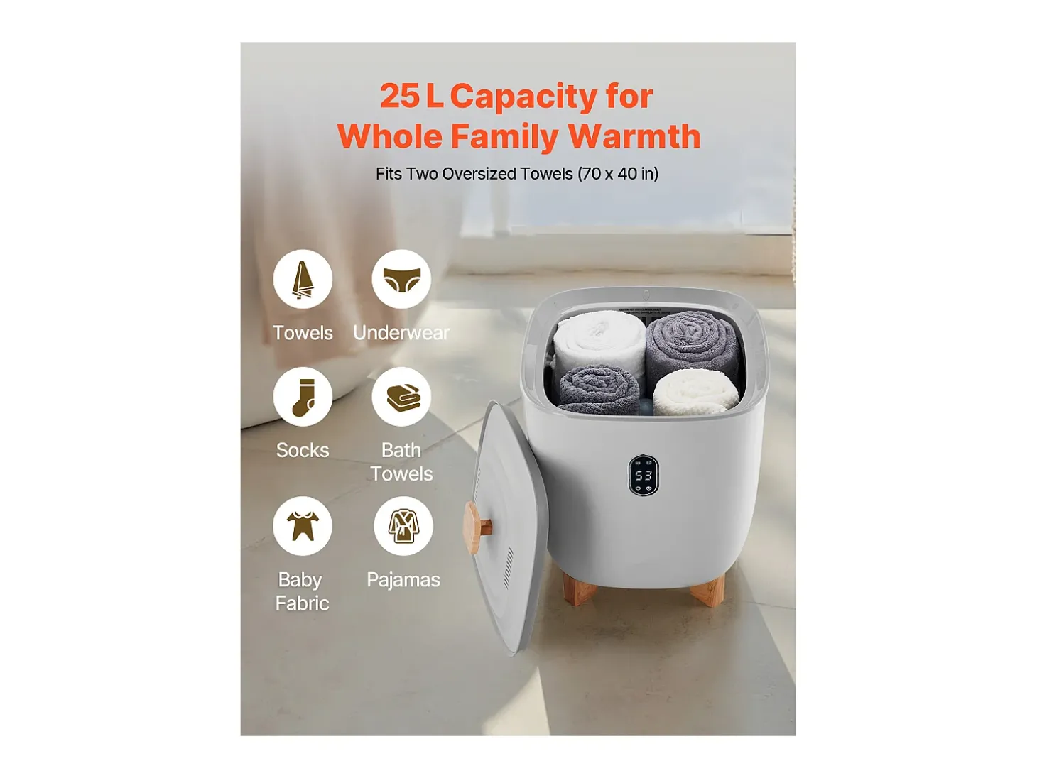Aquecedor de Toalhas SucceBuy 25 L, Balde Secador de Toalhas para Banheiro, com Tela LED, Regulação de Temperatura e Timer 20/40/60/90 min