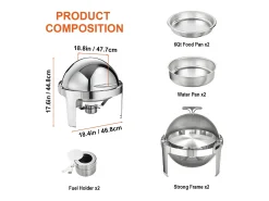 Aquecedores de Alimentos SucceBuy Conjunto de Rechauds em Aço Inoxidável com Tampa, 2 Peças, Panela Standard de 5.5 Litros e Suporte para Combustível
