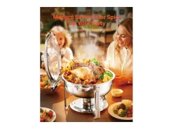 Aquecedores de Alimentos SucceBuy Conjunto de Buffet com 4 Pratos de Aquecimento em Aço Inoxidável com Panelas Grandes, Prato de Aquecimento Redondo com Tampa