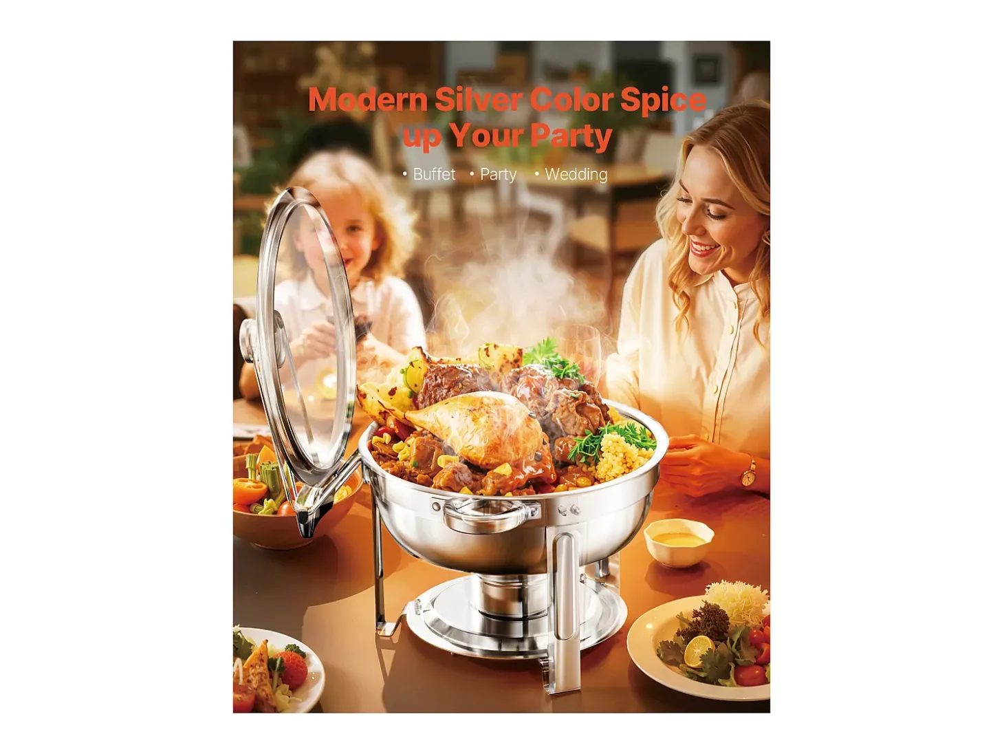 Aquecedores de Alimentos SucceBuy Conjunto de Buffet com 4 Pratos de Aquecimento em Aço Inoxidável com Panelas Grandes, Prato de Aquecimento Redondo com Tampa