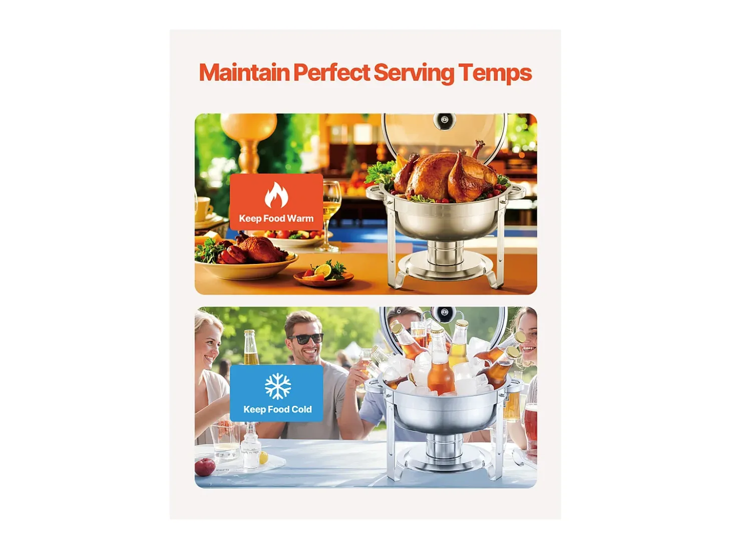 Aquecedores de Alimentos SucceBuy Conjunto de Buffet com 4 Pratos de Aquecimento em Aço Inoxidável com Panelas Grandes, Prato de Aquecimento Redondo com Tampa