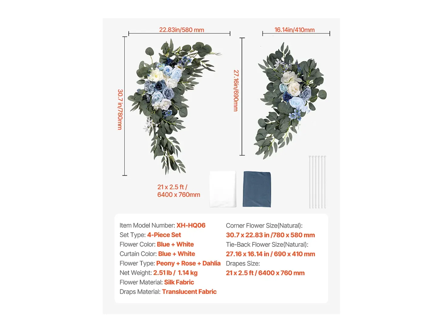 Arco de Casamento SucceBuy Kit de Flores Artificiais para Arco de Casamento - Azul, 2 Flores e 2 Cortinas