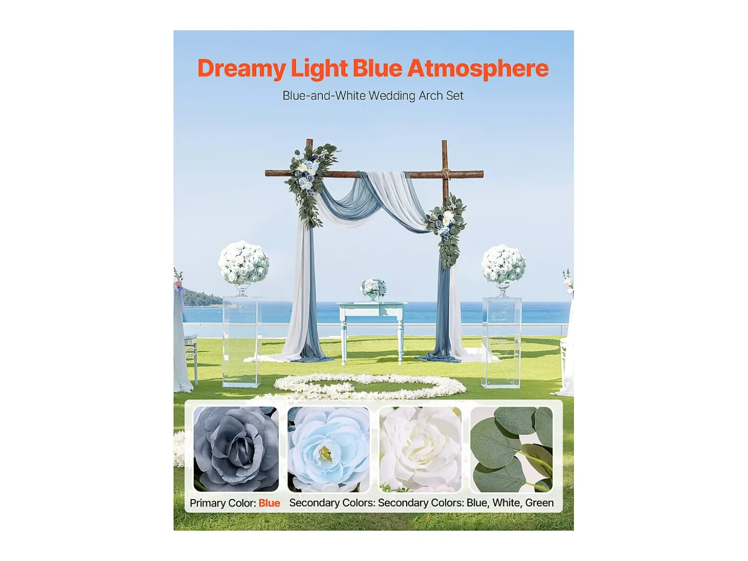 Arco de Casamento SucceBuy Kit de Flores Artificiais para Arco de Casamento - Azul, 2 Flores e 2 Cortinas