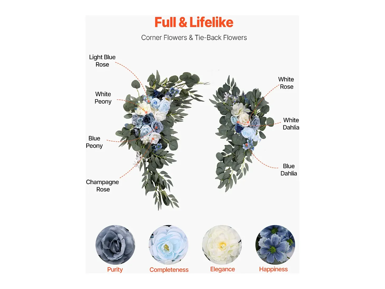 Arco de Casamento SucceBuy Kit de Flores Artificiais para Arco de Casamento - Azul, 2 Flores e 2 Cortinas