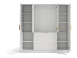 Armário 4 portas 3 gavetas com espelho L196 cm em cores natural e branco - LIRMADA