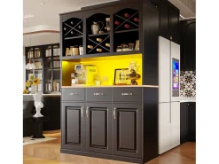Armário alto de cozinha 120x40x180cm - 3 portas + 3 gavetas - Prateleiras abertas - Móvel alto - Com iluminação LED - Adega de vinho - Preto