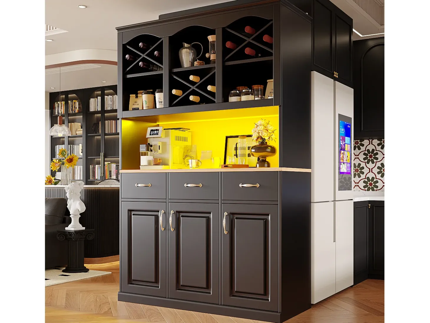 Armário alto de cozinha 120x40x180cm - 3 portas + 3 gavetas - Prateleiras abertas - Móvel alto - Com iluminação LED - Adega de vinho - Preto