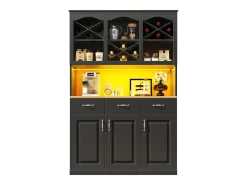 Armário alto de cozinha 120x40x180cm - 3 portas + 3 gavetas - Prateleiras abertas - Móvel alto - Com iluminação LED - Adega de vinho - Preto