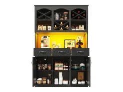 Armário alto de cozinha 120x40x180cm - 3 portas + 3 gavetas - Prateleiras abertas - Móvel alto - Com iluminação LED - Adega de vinho - Preto